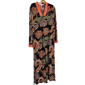 VTG Diamond Tea Paisley Print Maxi Kaftan Dress M Orange Long Slits Zip Boho